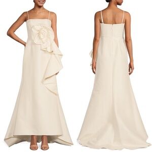 NWT Muse by Marchesa Stretch Mikado 3D Rosette Running Side Ruffle Maxi Dress